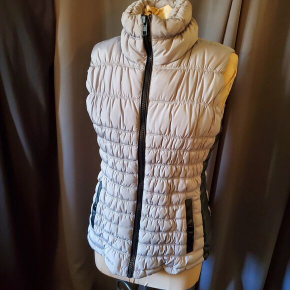 Caché Jackets & Blazers - Cache Gray & Black Faux Leather Trim Puffer Vest, Size Med